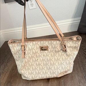Michael Kors Beige Tote with Pale Pink Trim and MK Logo